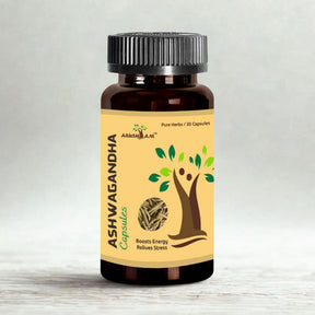 Bottle of Ashwagandha capsules with a beige label on a light gray background
