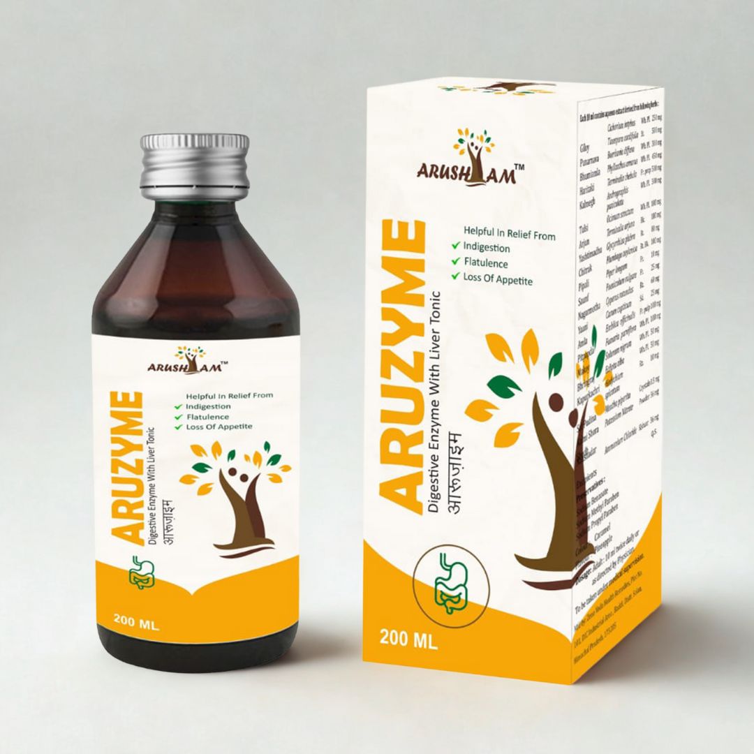 Aruzyme digestive enzyme with liver tonic bottle and packaging on a light gray background