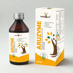 Aruzyme digestive enzyme with liver tonic bottle and packaging on a light gray background