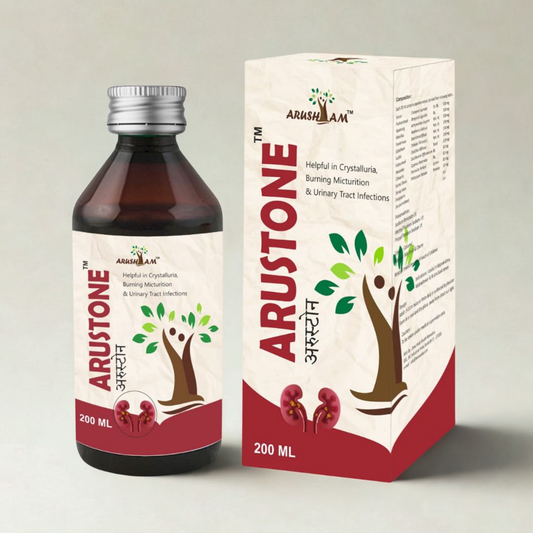 A rustone bottle and its packaging on a light gray background