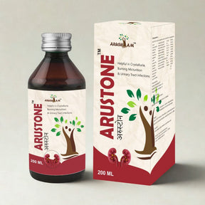 A rustone bottle and its packaging on a light gray background