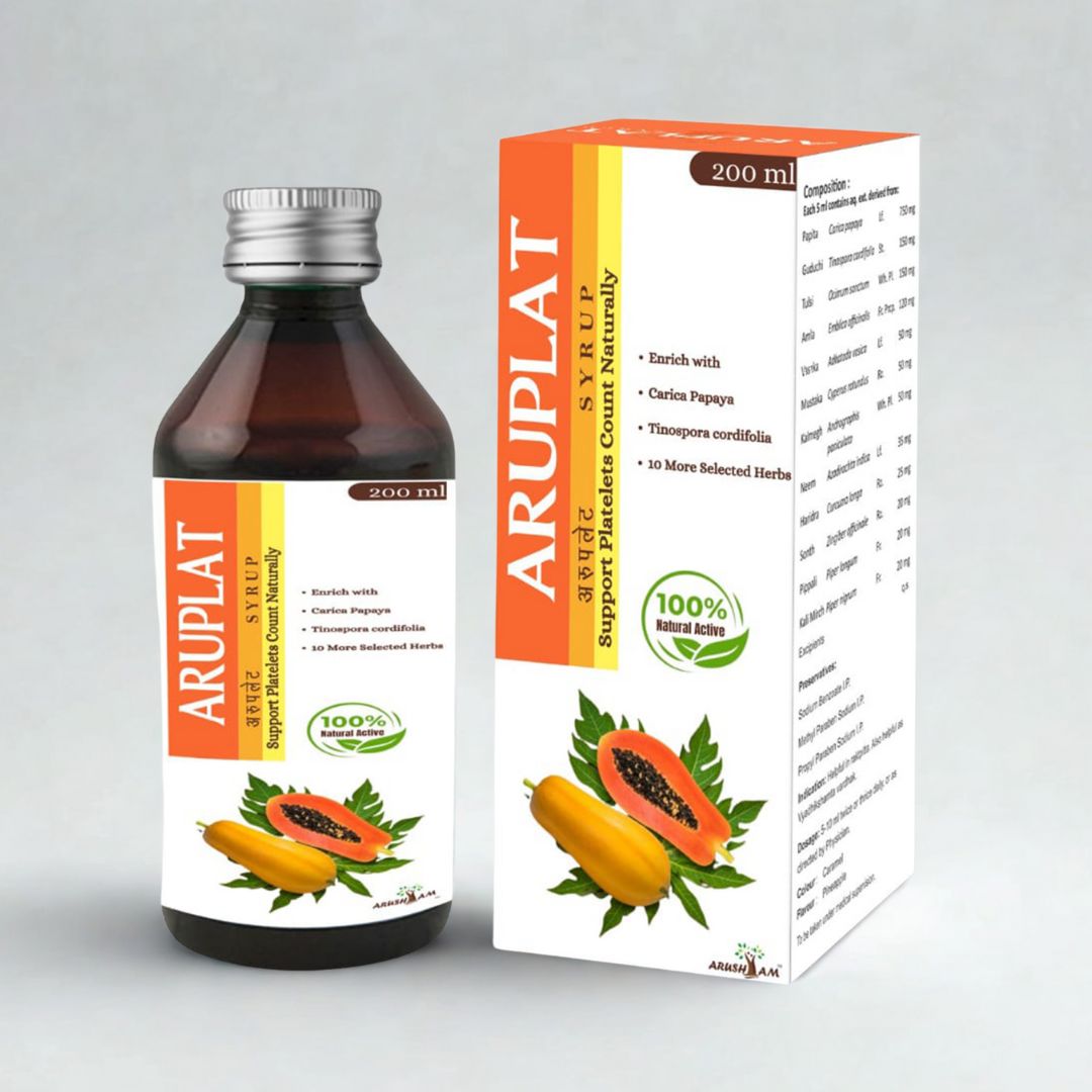 Aruplat syrup bottle and packaging on a gray background