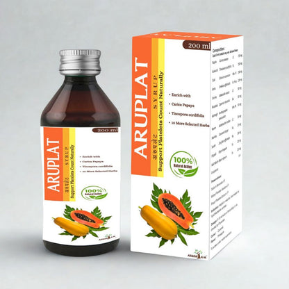 Aruplat syrup bottle and packaging on a gray background