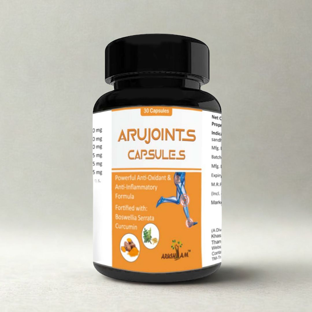 A bottle of Arujoints capsules on a gray background