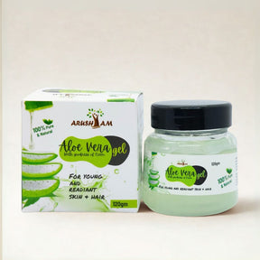Aloe vera gel jar and packaging with 'Arusham' branding on a light background