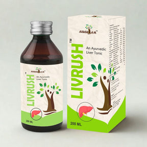 Arushalam Livrush Ayurvedic Liver Tonic bottle and packaging on a light gray background