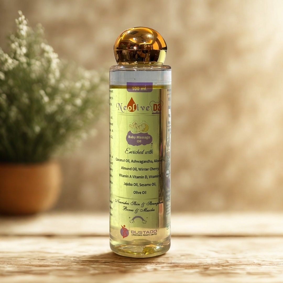 Bottle of Neotive DS oil on a wooden surface with a blurred plant in the background