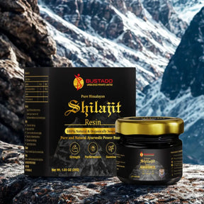 Bustado Shilajit Resin packaging with mountainous background
