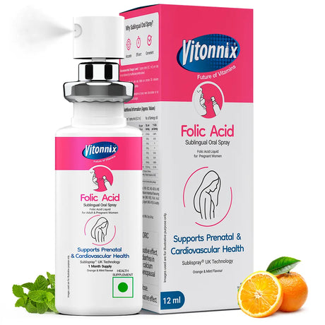 Vitonnix Folic Acid spray bottle and packaging on a white background with oranges and mint leaves.