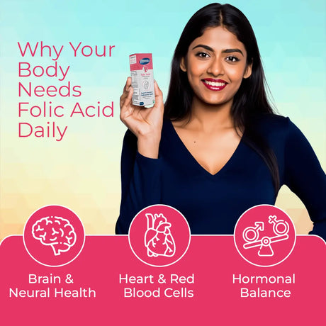 Woman holding a folic acid supplement with health benefits displayed on a gradient background