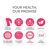 Promotional graphic with icons and text about health and product certification on a white background.