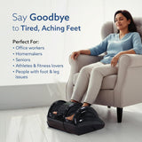 Woman using a foot massager in a home setting with text highlighting its benefits.