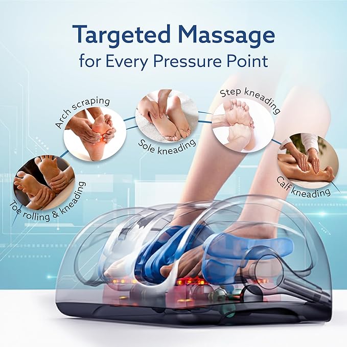 Foot massage machine with targeted massage points on a blue background