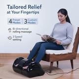 Woman using a foot massager with text highlighting features on a white background