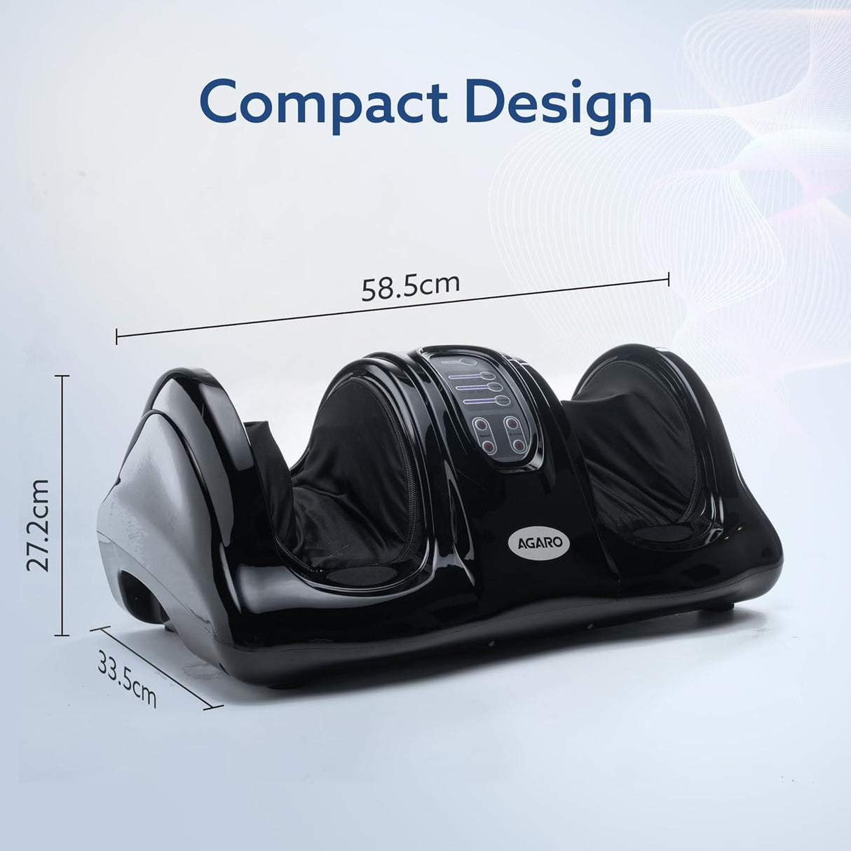 Black foot massage device with dimensions on a light gray background