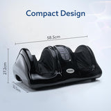 Black foot massage device with dimensions on a light gray background
