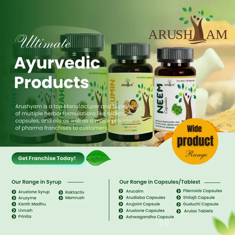 Promotional image of Arusham Ayurvedic products with bottles and text on a green background.