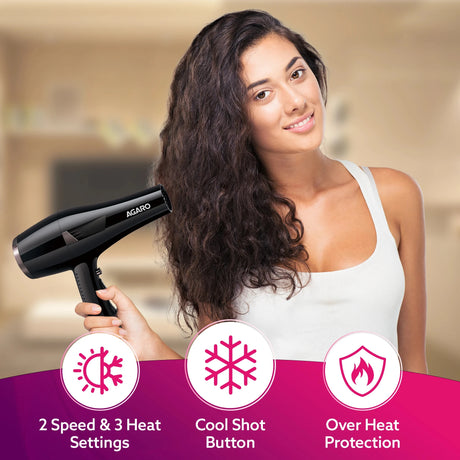 Woman holding a hair dryer with Agaro branding, featuring product features on a blurred indoor background.
