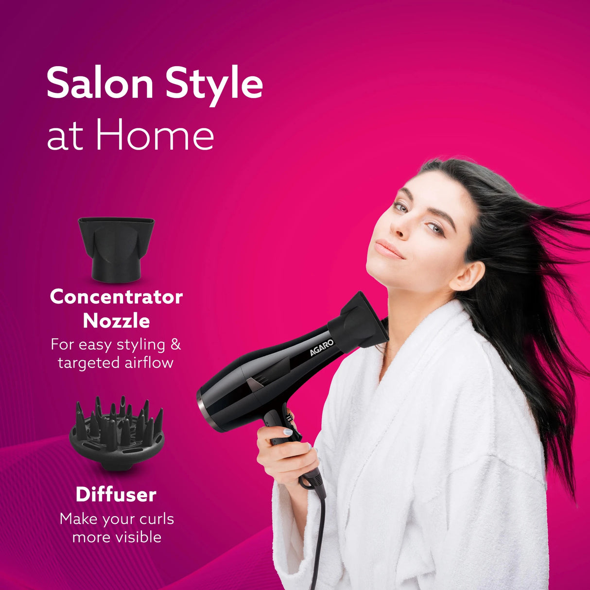 Woman using a hair dryer with concentrator nozzle and diffuser on a pink background