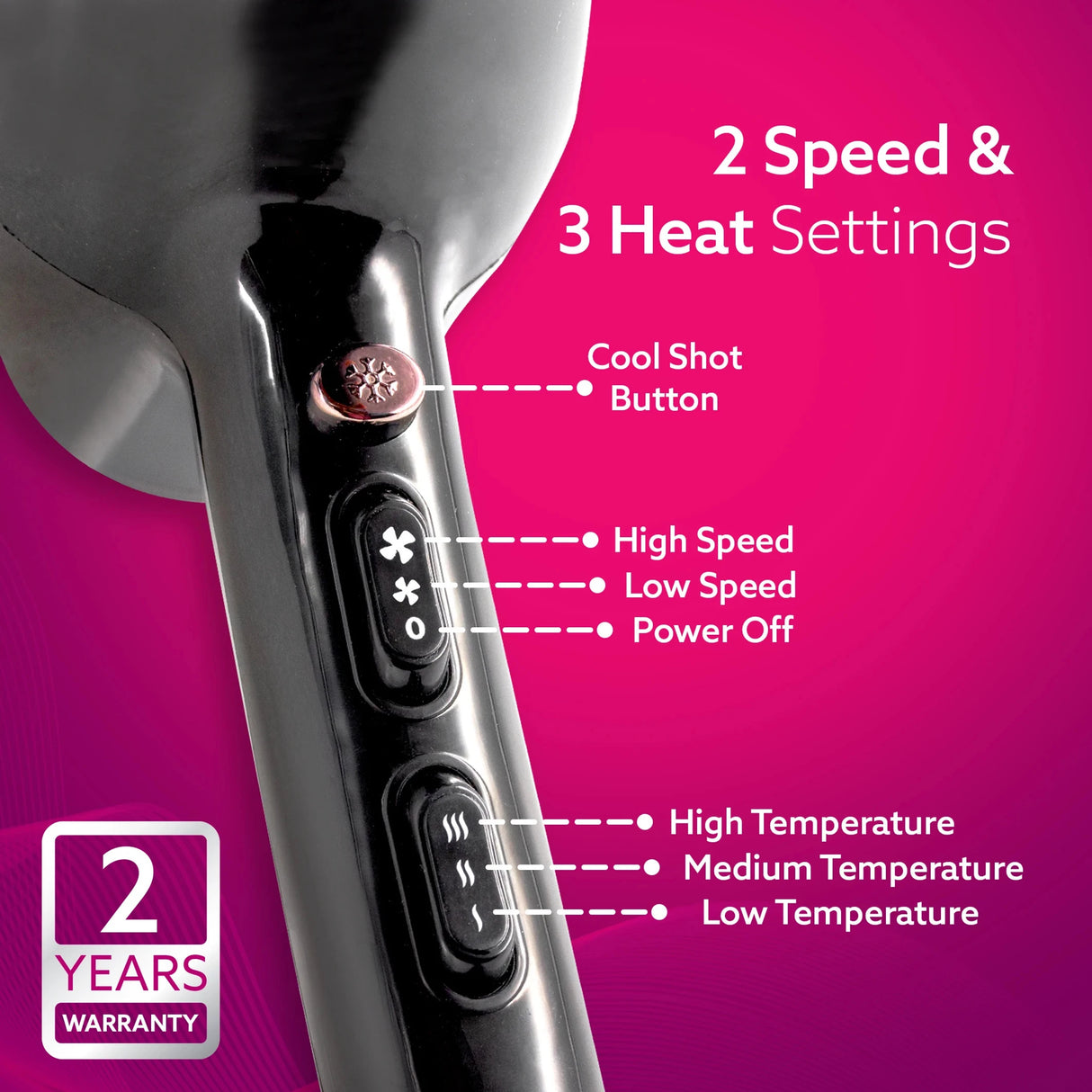 Hair straightener with control buttons labeled on a pink background