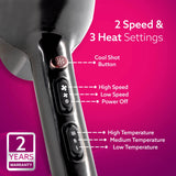 Hair straightener with control buttons labeled on a pink background