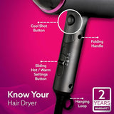 Hair dryer with labeled features on a pink background