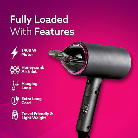 Hair dryer with features listed on a pink background