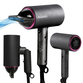 Black hair dryer with pink accents and attachments on a white background, featuring the brand 'Agaro'.