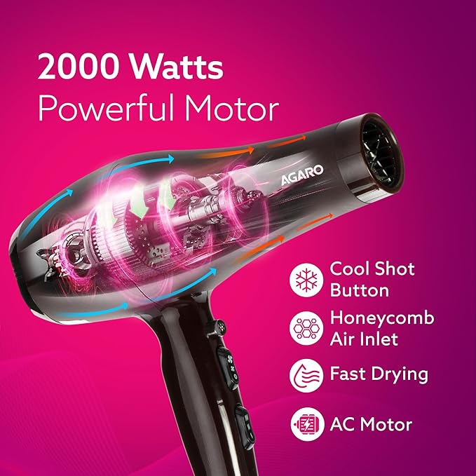 AGARO hair dryer with 2000 Watts and features on a pink background