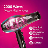 AGARO hair dryer with 2000 Watts and features on a pink background