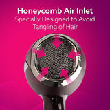 Hair dryer with honeycomb air inlet design on a pink background