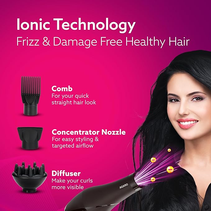 Hair dryer with attachments on a pink background, featuring a woman with healthy hair.
