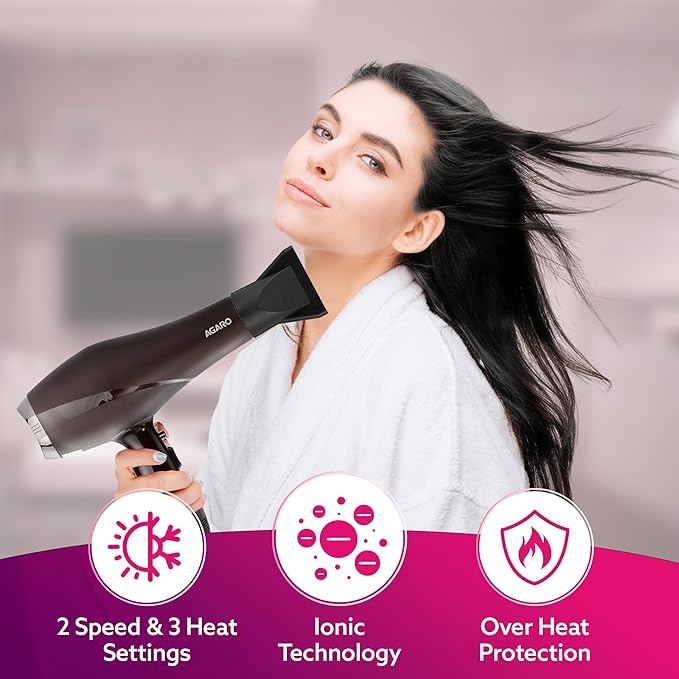 Woman using a hair dryer with product features highlighted on a pink banner