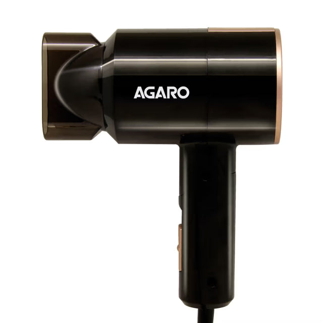Black hair dryer with 'Agaro' branding on a white background