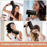 Collage of a woman using a hair dryer to style her hair with different techniques.