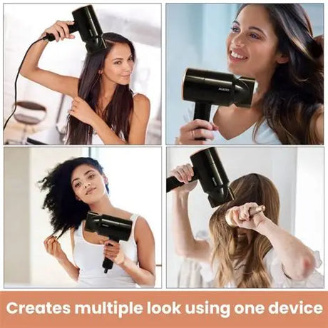 Collage of a woman using a hair dryer to style her hair with different techniques.