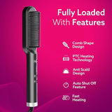 Hair straightener with features listed on a pink background
