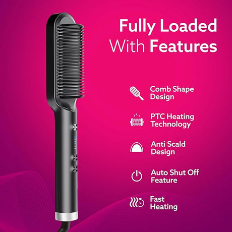 Hair straightener with features listed on a pink background