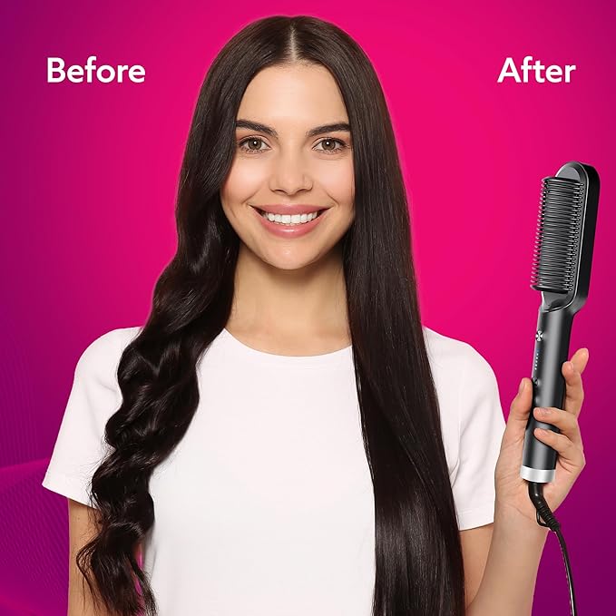 Woman holding a hair straightener with 'Before' and 'After' text on a pink background