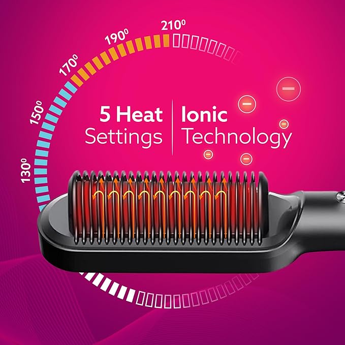 Hair straightener with 5 heat settings and ionic technology on a pink background