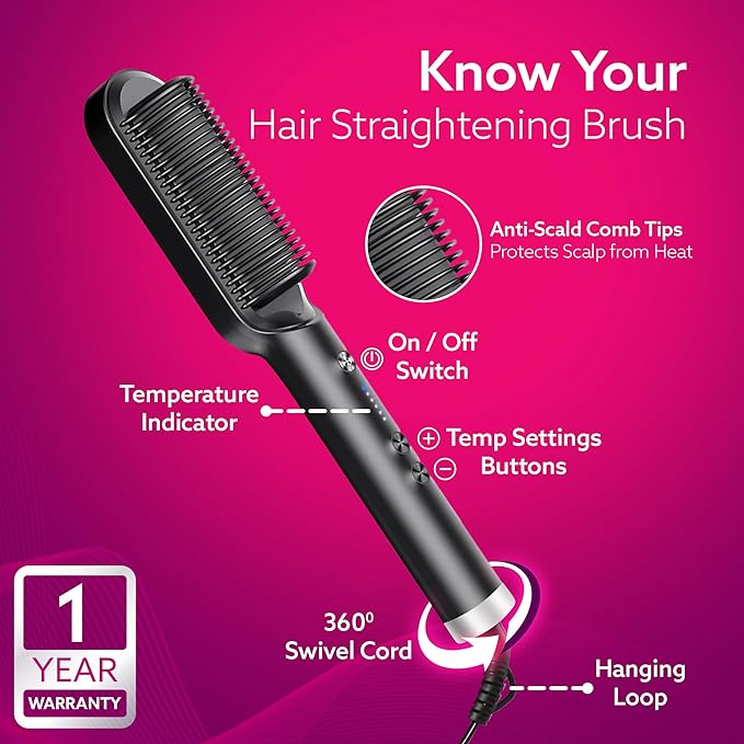 Hair straightening brush with features highlighted on a pink background