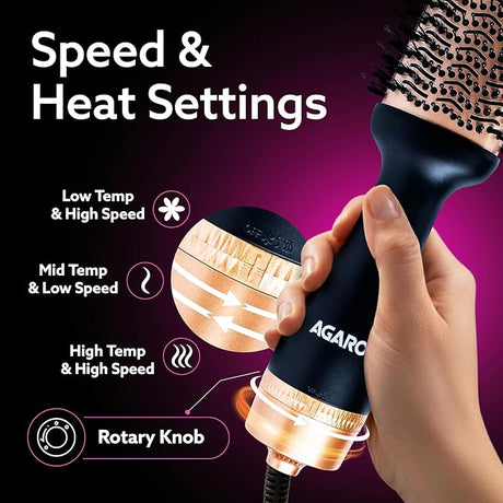 Hair styling tool with speed and heat settings labeled on a dark background