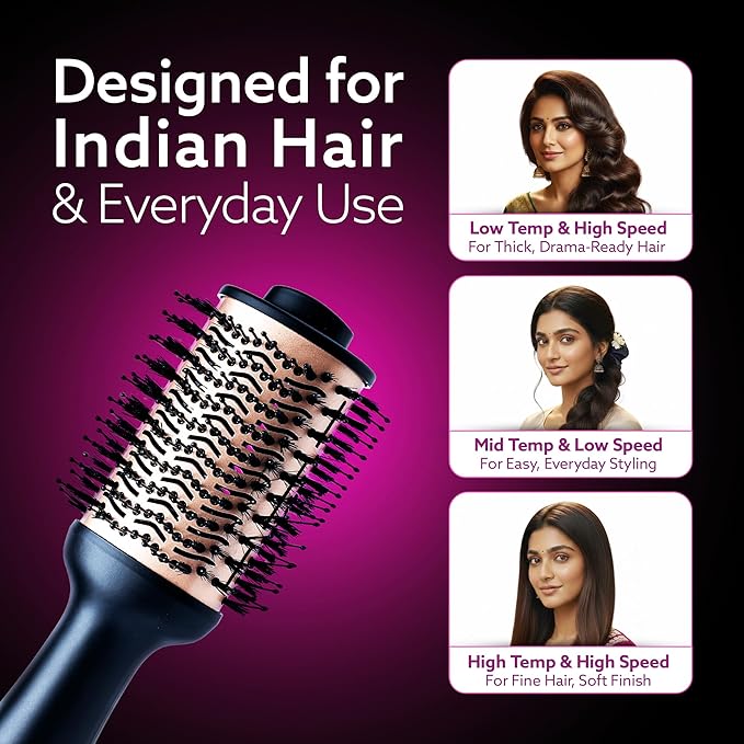 Hairbrush with usage instructions for different hair types on a purple background