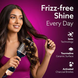 Woman using a hairbrush with text about frizz-free shine on a purple background