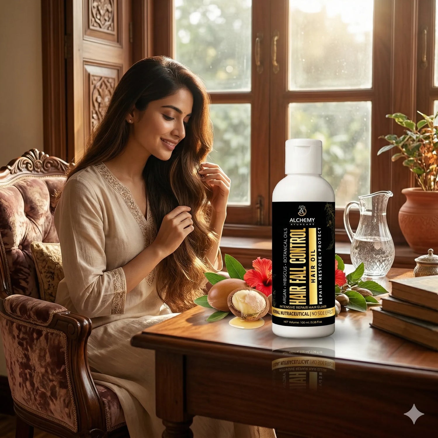 Hair Fall Control Hair Oil with Argan Oil & Hibiscus – Herbal Hair Nourishment & Root Strengthening Oil