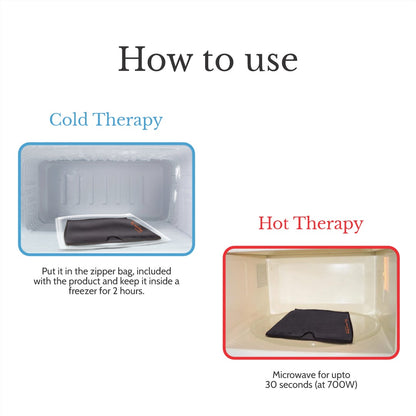 Instructions on how to use cold and hot therapy, with images of a product in a freezer and microwave.