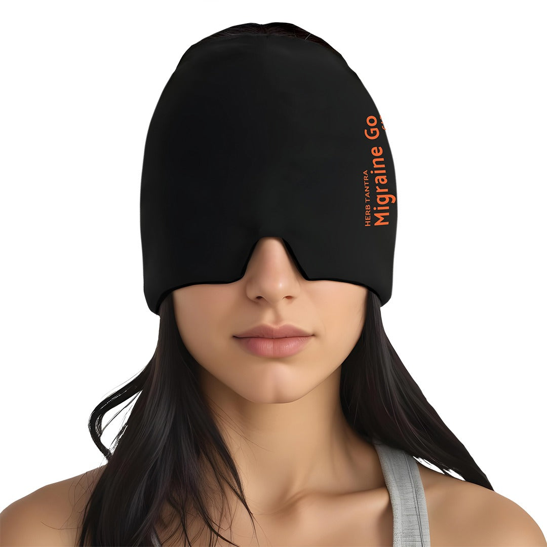 Black sleep mask with 'Migraine Go' branding on a white background