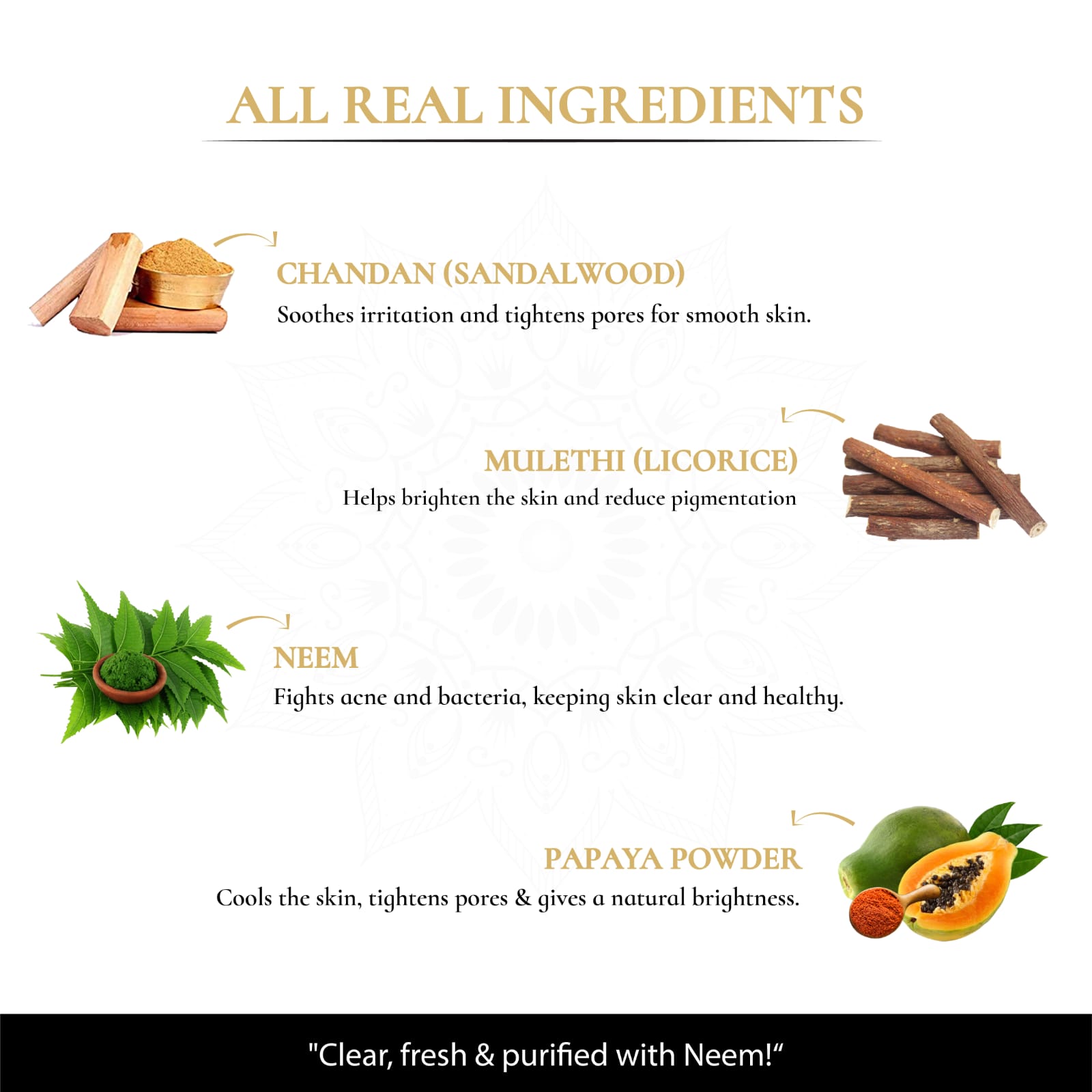 List of natural ingredients with their benefits on a white background