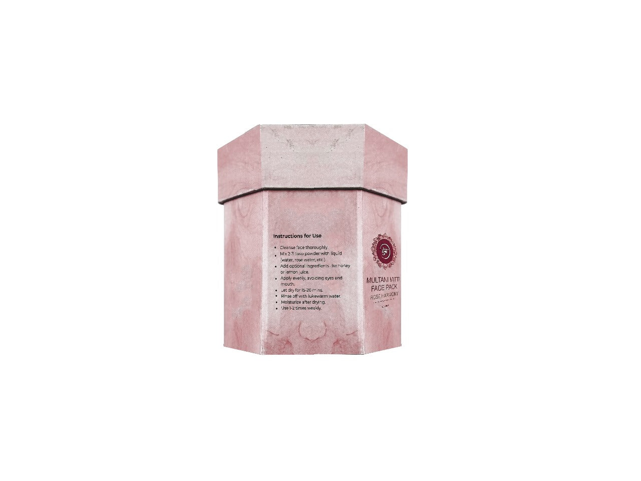 Pink hexagonal box with text on a white background