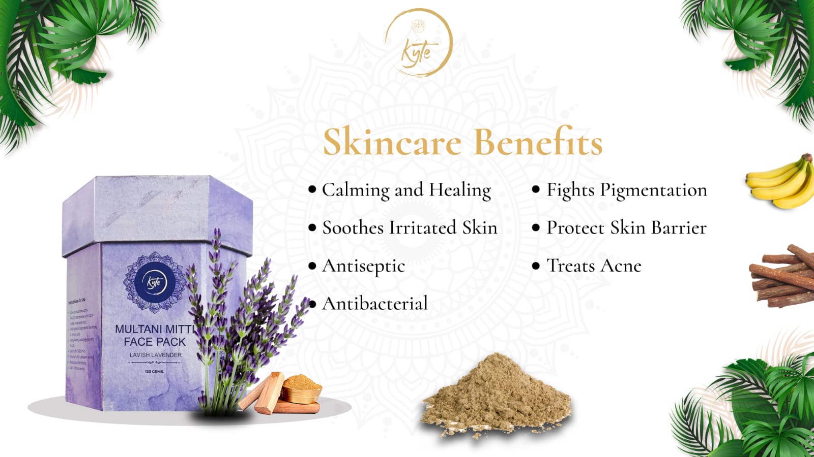 Skincare product with benefits listed on a white background with greenery